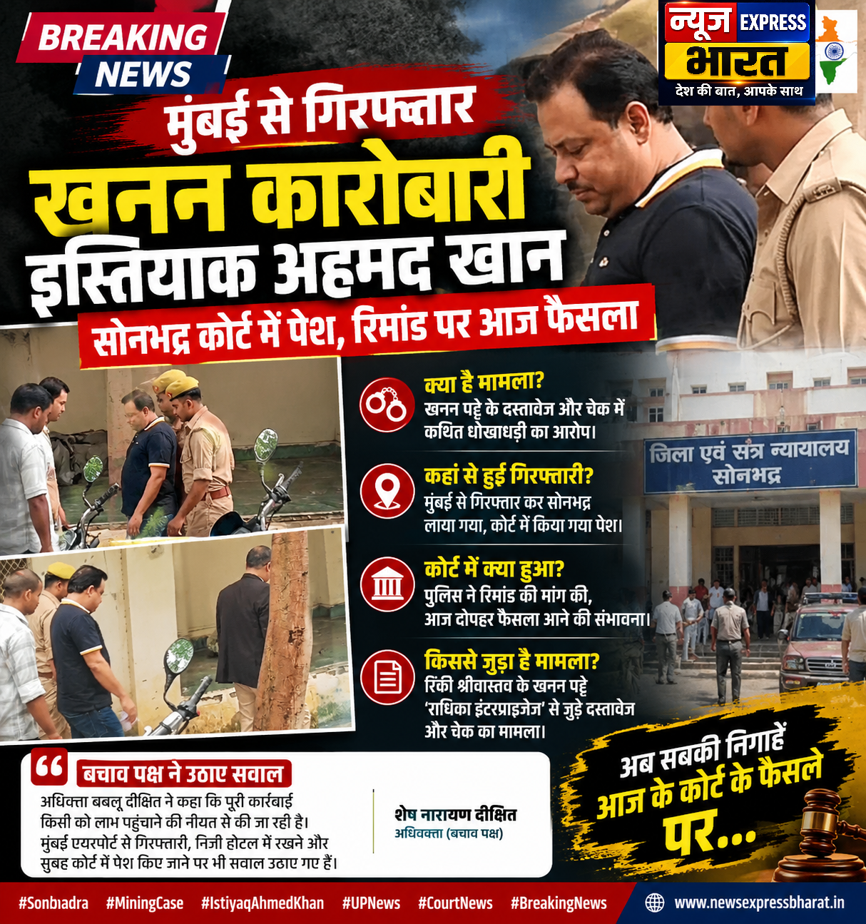 मुंबई से गिरफ्तार खनन कारोबारी इस्तियाक अहमद खान सोनभद्र कोर्ट में पेश, रिमांड पर आज फैसला