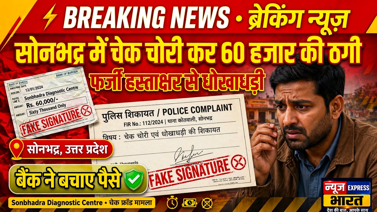 चेक चोरी कर 60 हजार की धोखाधड़ी, फर्जी हस्ताक्षर कर खाते से निकाले पैसे, बैंक की तत्परता से रकम वापस