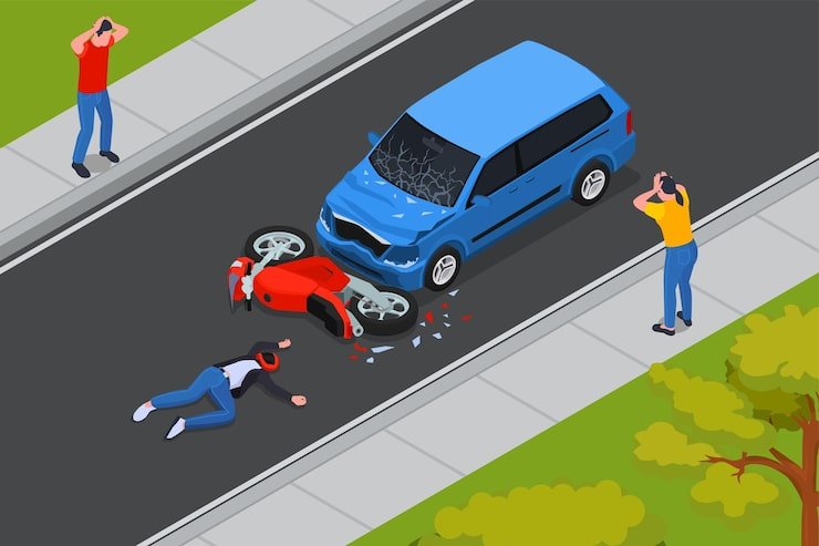 traffic accident isometric composition with crash car motorcycle injured motorcyclist road bystanders vector illustration 1284 71289
